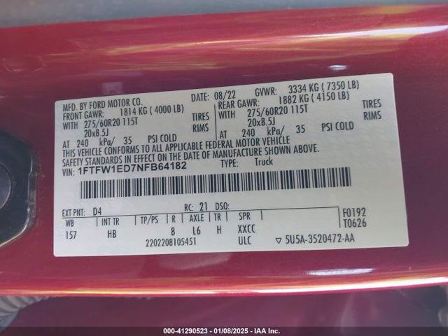 Ford F-150 Lariat 2022 1FTFW1ED7NFB64182 Image 9