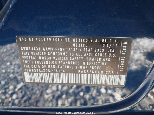 41290527 :رقم المزاد ، 3VW637AJXDM295156 vin ، 2013 Volkswagen Jetta Hybrid Se مزاد بيع