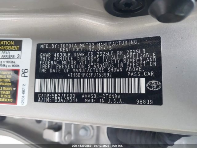 4T1BD1FK6FU153992 Toyota Camry Hybrid Le