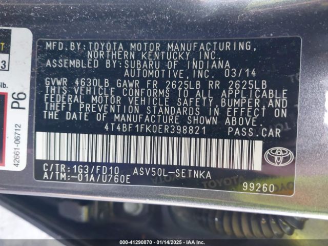 4T4BF1FK0ER398821 Toyota CAMRY LE