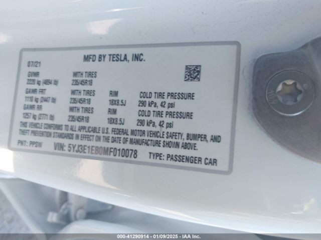 5YJ3E1EB0MF010078 Tesla Model 3 Long Range Dual Motor All-wheel Drive