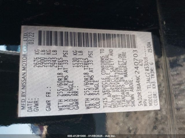 5N1DR3BA4NC240703 Nissan Pathfinder Sv 2wd