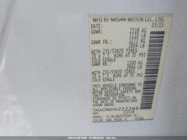 5N1AZ2MGXFN222288 Nissan Murano Platinum