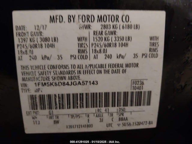 1FM5K8D84JGA57143 Ford EXPLORER XLT