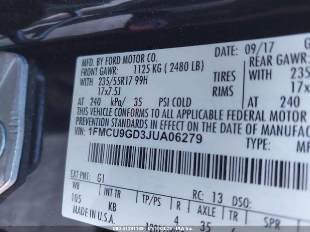 1FMCU9GD3JUA06279 Ford ESCAPE SE