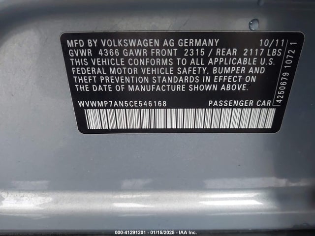 Aukcja sprzedaży 2012 Volkswagen Cc Sport, vin: WVWMP7AN5CE546168, numer aukcji: 41291201