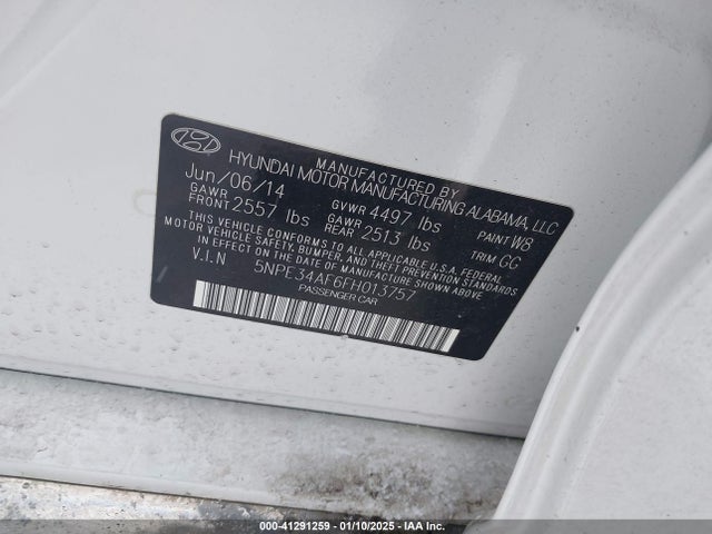 2015 Hyundai Sonata Limited მანქანა იყიდება აუქციონზე, vin: 5NPE34AF6FH013757, აუქციონის ნომერი: 41291259