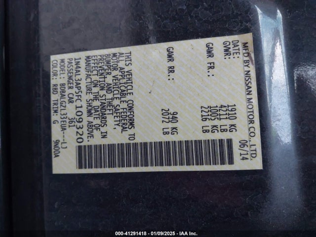 Nissan Altima 2.5 S 2015 1N4AL3AP5FC109320 Image 9