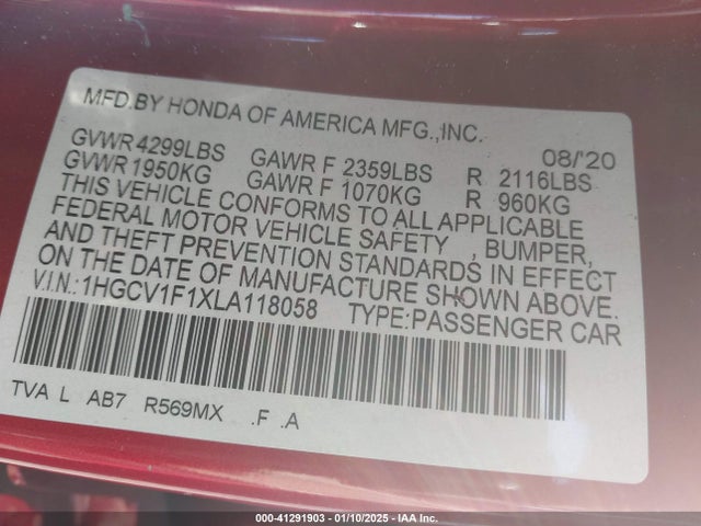 Honda ACCORD LX 2020 1HGCV1F1XLA118058 Image 9