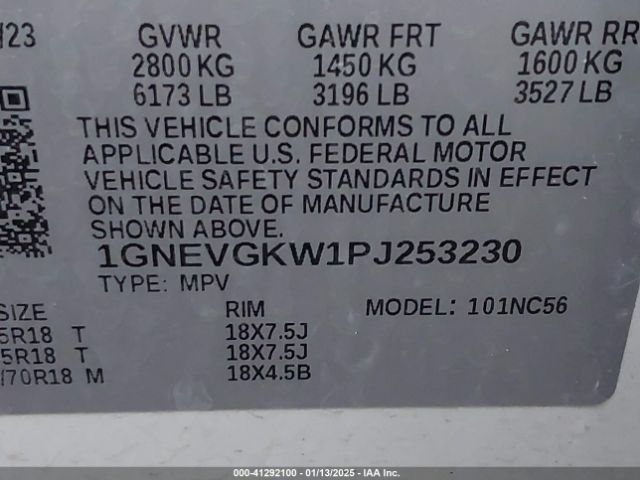 1GNEVGKW1PJ253230 Chevrolet Traverse Awd Lt Cloth