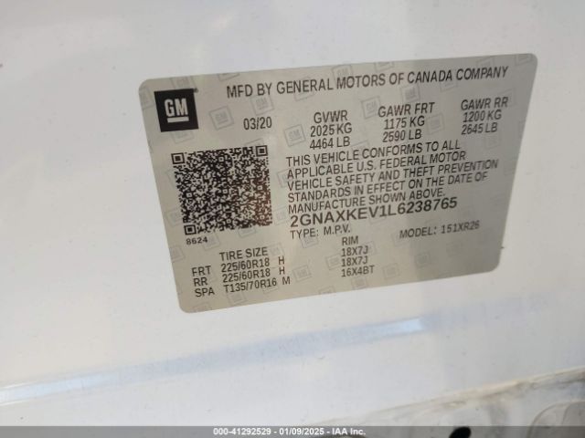 2GNAXKEV1L6238765 Chevrolet Equinox Fwd Lt 1.5l Turbo