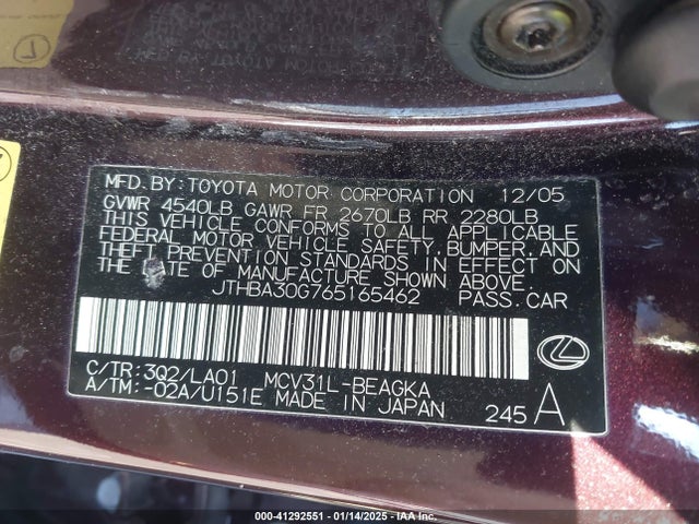 Продаж на аукціоні авто 2006 Lexus Es 330, vin: JTHBA30G765165462, номер лоту: 41292551