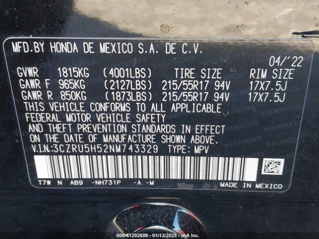 3CZRU5H52NM743329 Honda Hr-v 2wd Ex
