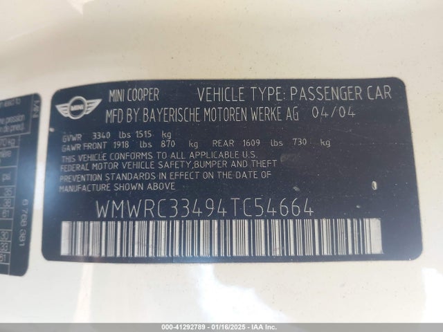 2004 MINI COOPER WMWRC33494TC54664 Photo 8