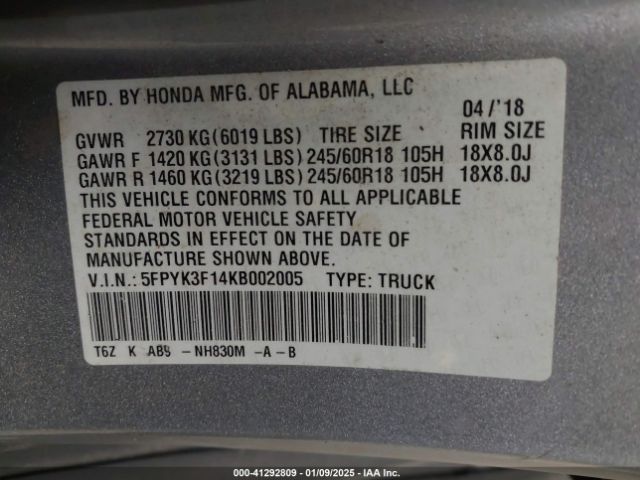 5FPYK3F14KB002005 Honda Ridgeline Sport