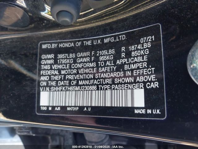 SHHFK7H65MU230886 Honda CIVIC EX
