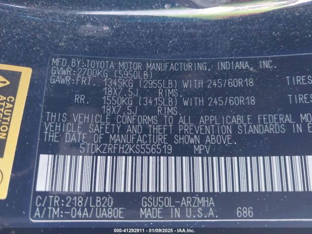 5TDKZRFH2KS556519 Toyota Highlander Xle
