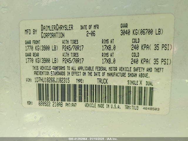41292964 :رقم المزاد ، 1D7HU18266J182315 vin ، 2006 Dodge Ram 1500 St مزاد بيع