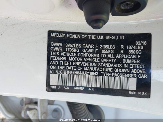 Honda CIVIC EX 2018 SHHFK7H54JU218943 Image 9