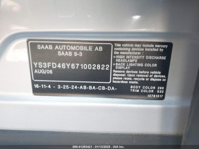 2007 SAAB 9-3 YS3FD46Y671002822 Photo 8