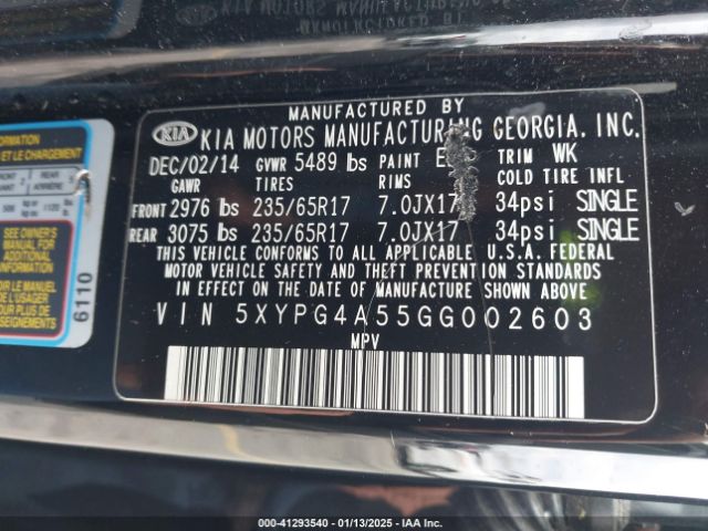 5XYPG4A55GG002603 KIA Sorento 3.3l Lx