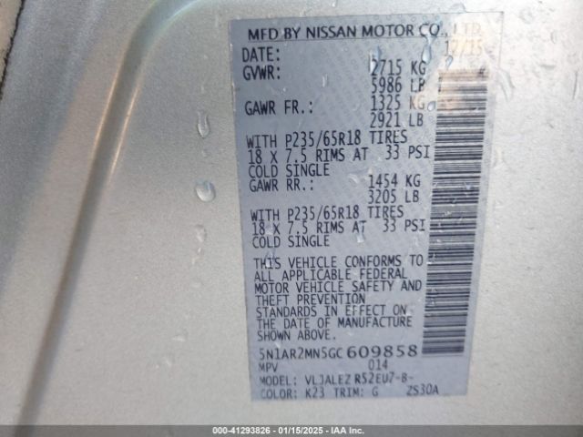 5N1AR2MN5GC609858 Nissan Pathfinder Platinum/s/sl/sv