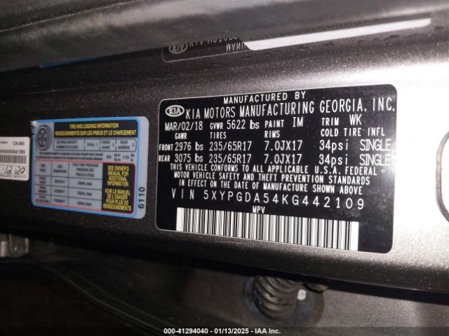 5XYPGDA54KG442109 KIA Sorento 3.3l Lx
