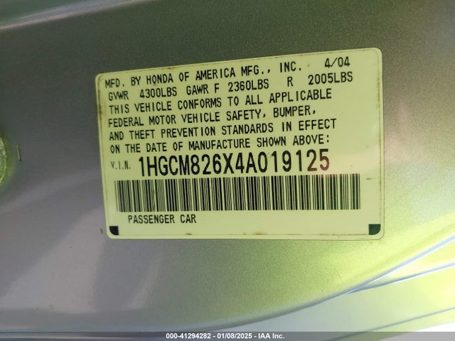 Продажа на аукционе авто 2004 Honda Accord 3.0 Ex, vin: 1HGCM826X4A019125, номер лота: 41294282