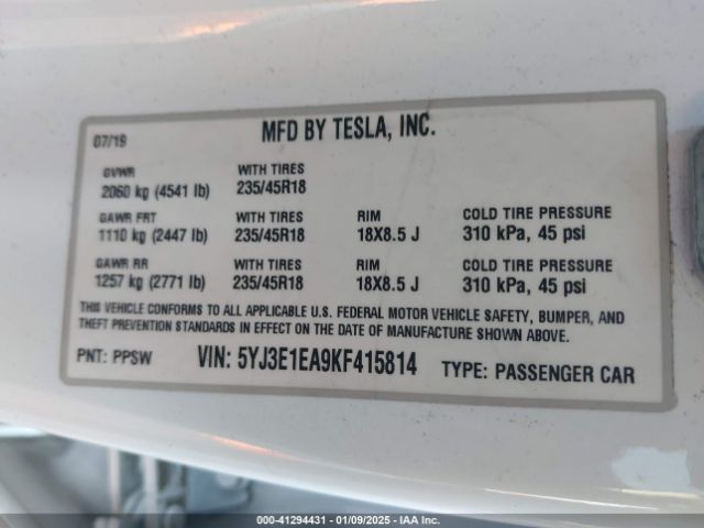5YJ3E1EA9KF415814 Tesla Model 3 Long Range/mid Range/standard Range/standard Range Plus