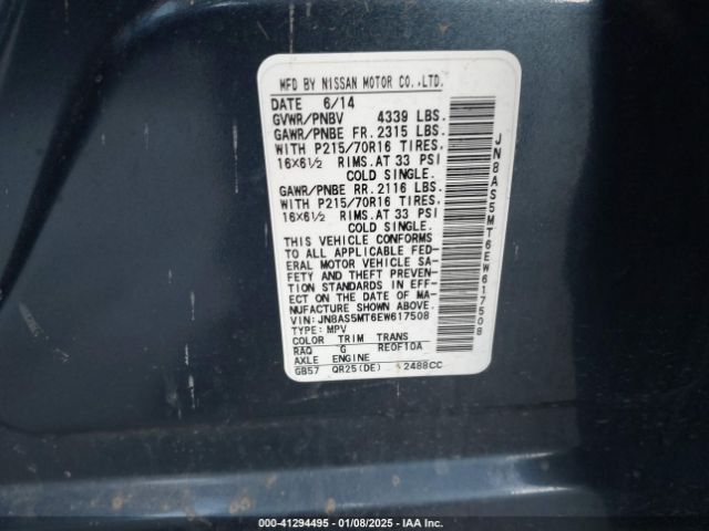 JN8AS5MT6EW617508 Nissan Rogue Select S