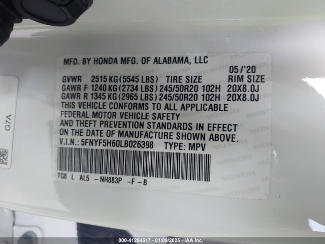 5FNYF5H60LB026398 Honda Pilot 2wd Touring 7 Passenger