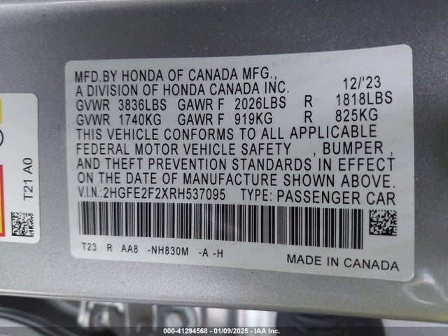 Honda Civic Lx 2024 2HGFE2F2XRH537095 Image 9