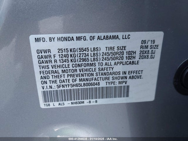 5FNYF5H65LB006048 Honda Pilot 2wd Touring 7 Passenger
