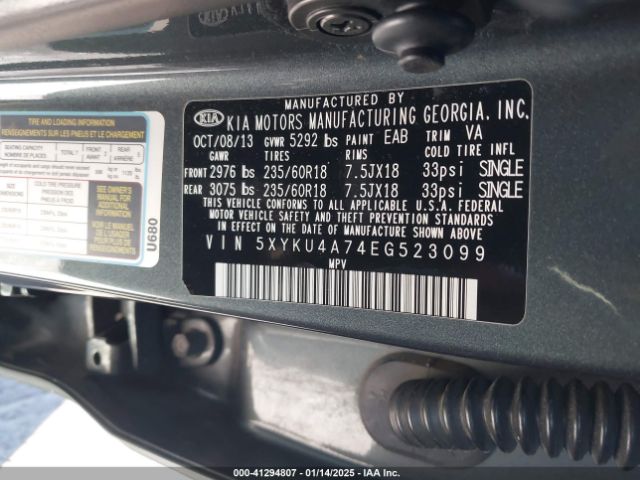 5XYKU4A74EG523099 KIA Sorento Ex V6