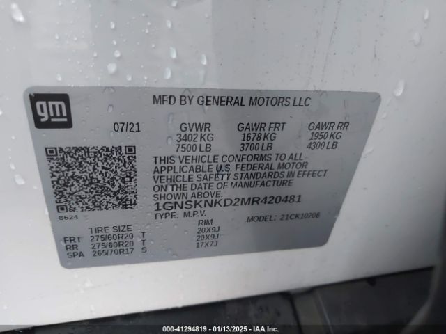 1GNSKNKD2MR420481 Chevrolet Tahoe 4wd Lt