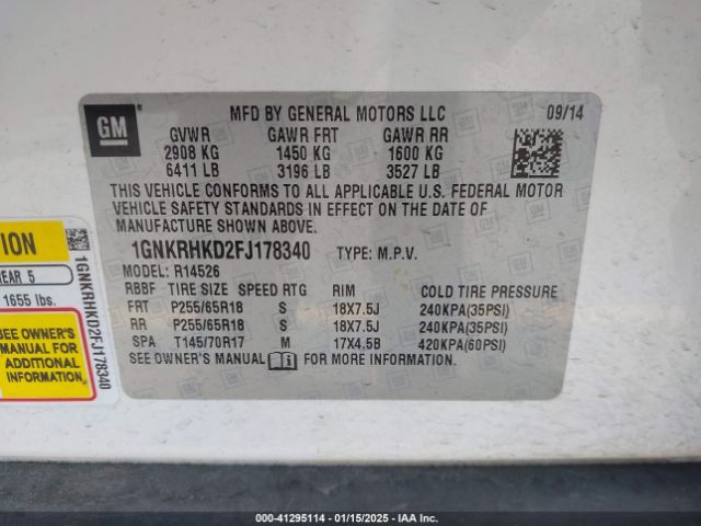 1GNKRHKD2FJ178340 Chevrolet Traverse 2lt