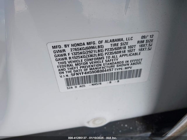41295137 :رقم المزاد ، 5FNYF4H59DB004497 vin ، 2013 Honda Pilot Ex-l مزاد بيع