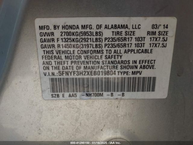 5FNYF3H2XEB019804 Honda PILOT LX