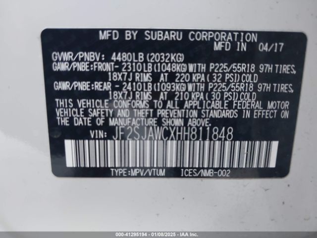 JF2SJAWCXHH811848 Subaru Forester 2.5i Touring