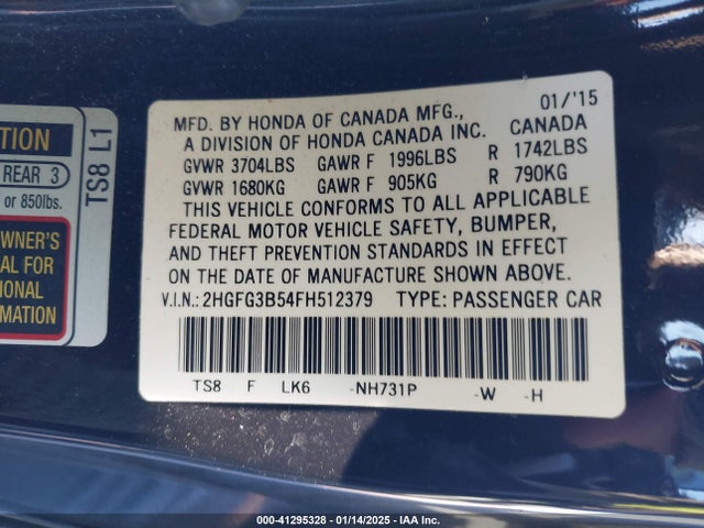Honda Civic Lx 2015 2HGFG3B54FH512379 Image 9