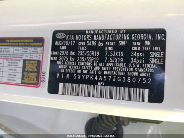 5XYPK4A57JG380752 KIA Sorento Sx V6
