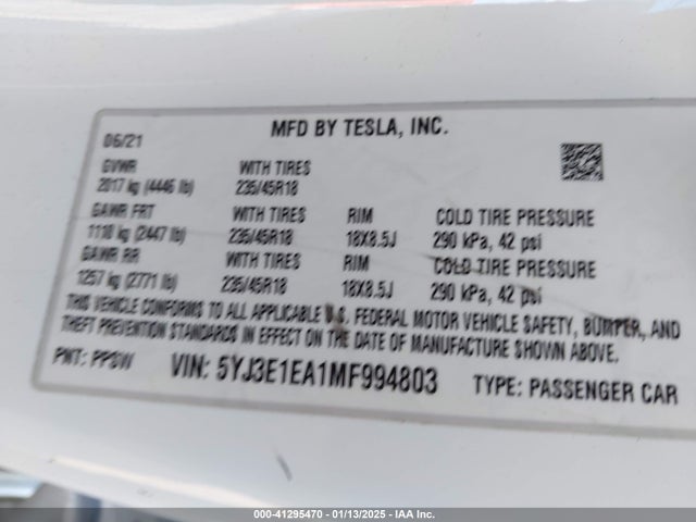 2021 TESLA MODEL 3 5YJ3E1EA1MF994803 Photo 8
