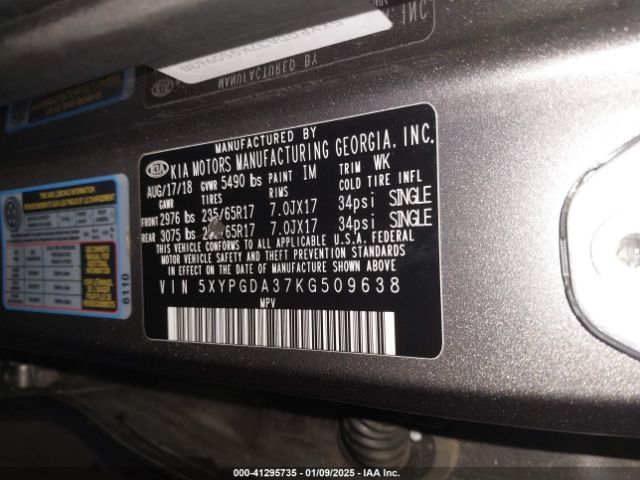 5XYPGDA37KG509638 KIA Sorento 2.4l Lx