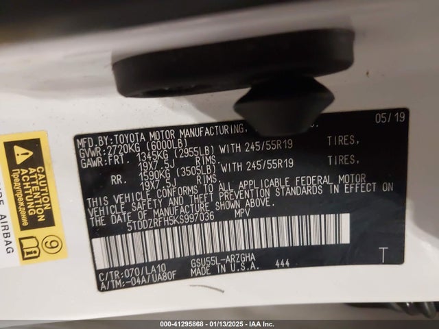 5TDDZRFH5KS997036 Toyota Highlander Limited Platinum
