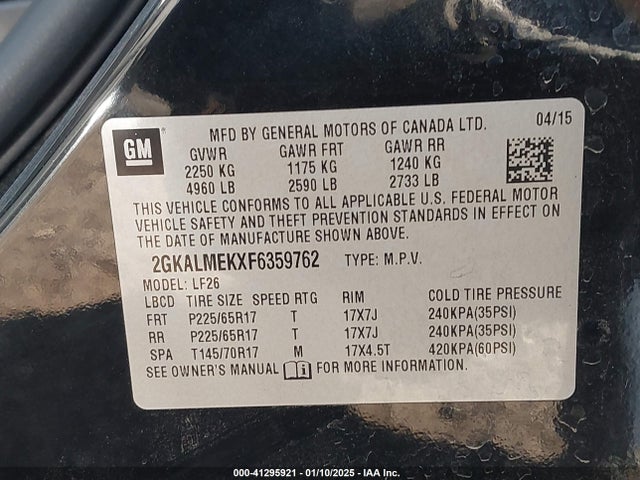 GMC Terrain Sle-1 2015 2GKALMEKXF6359762 Image 9