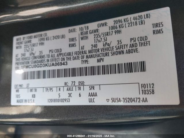 1FMCU0GD3KUA06943 Ford ESCAPE SE