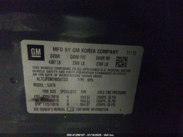 KL7CJPSM2NB507333 Chevrolet Trax Awd Lt