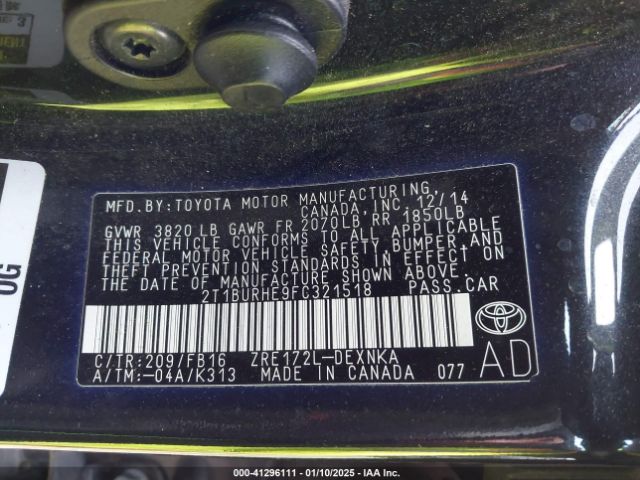 2T1BURHE9FC321518 Toyota COROLLA LE