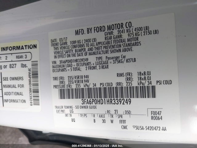 Ford FUSION SE 2017 3FA6P0HD1HR339249 Image 9