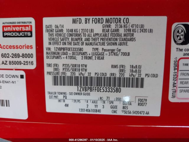 1ZVBP8FF0E5333580 Ford Mustang Gt Premium
